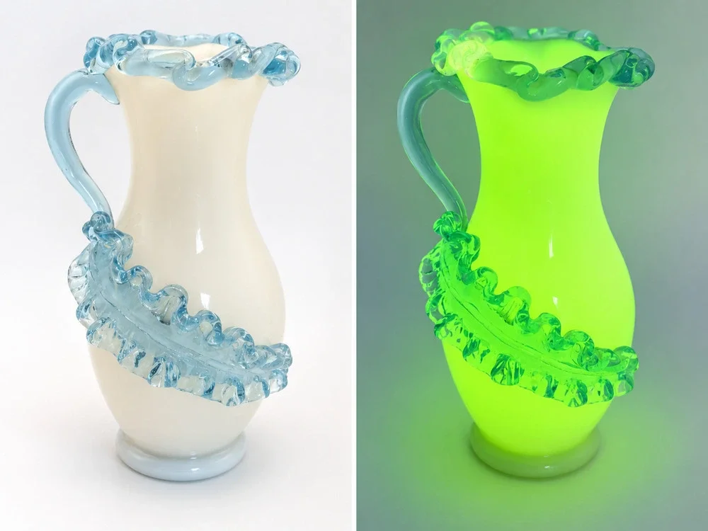 Victorian Uranium Custard Glass Vase Blue Rigaree Attrib Stevens Williams c1890